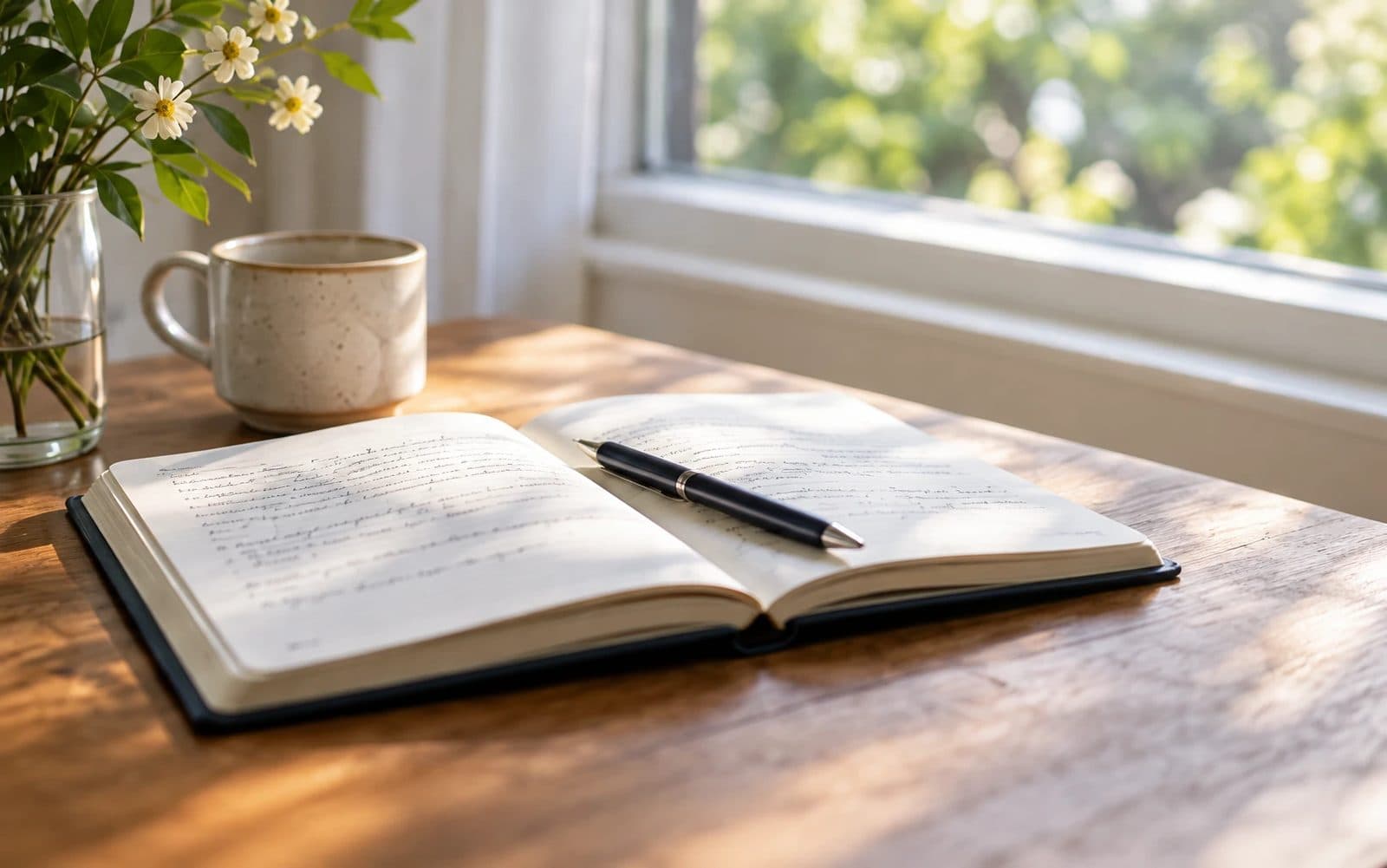 An open notebook with a pen resting on it, beside a mug on a sunlit desk