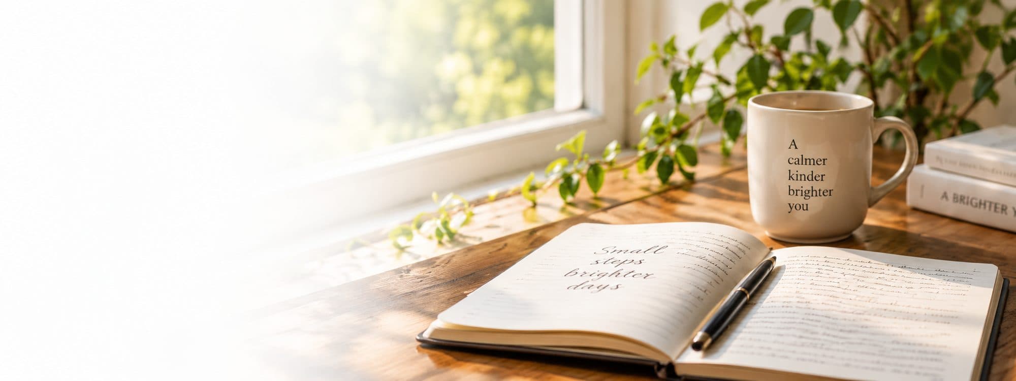 A notebook open beside a mug reading A calmer kinder brighter you, on a sunlit windowsill desk