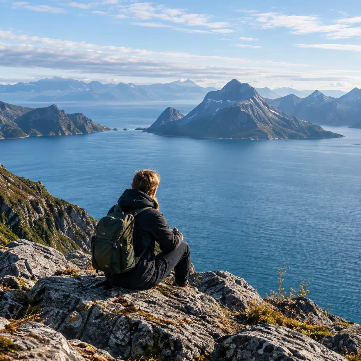 A person sitting on a rocky headland looking out over a fjord