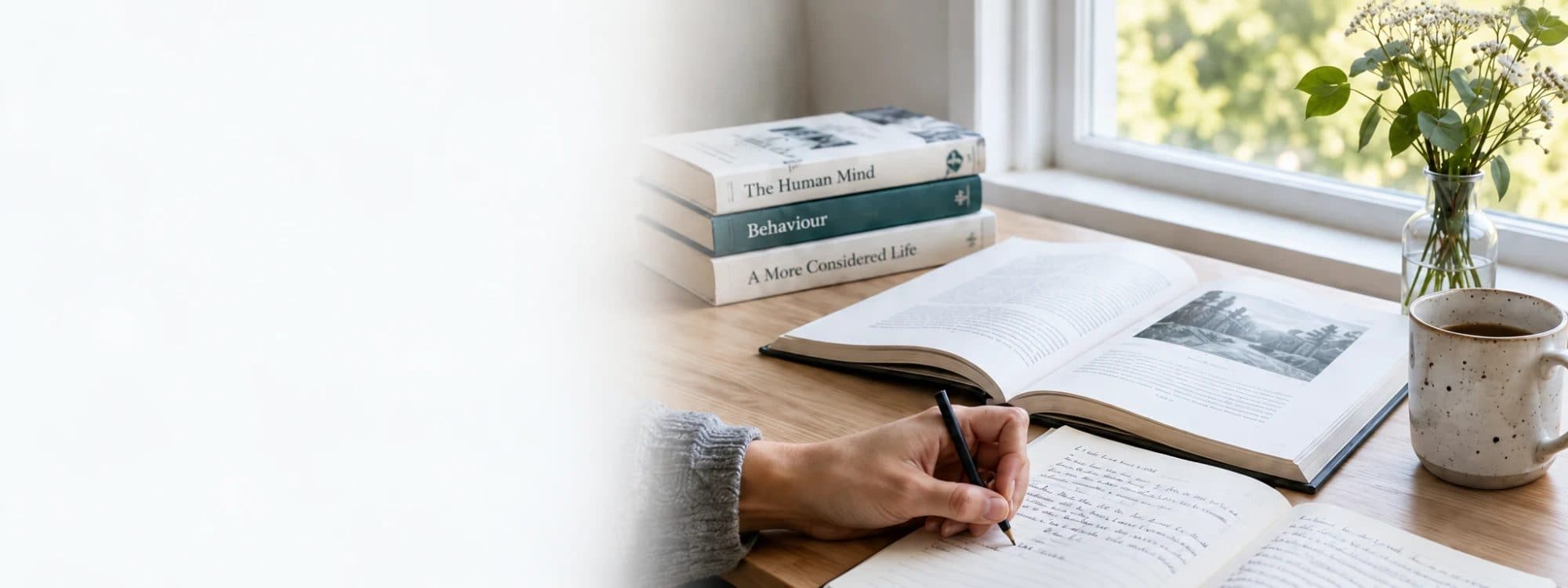 An open book, a notebook mid-sentence and a mug of coffee on a desk by a window