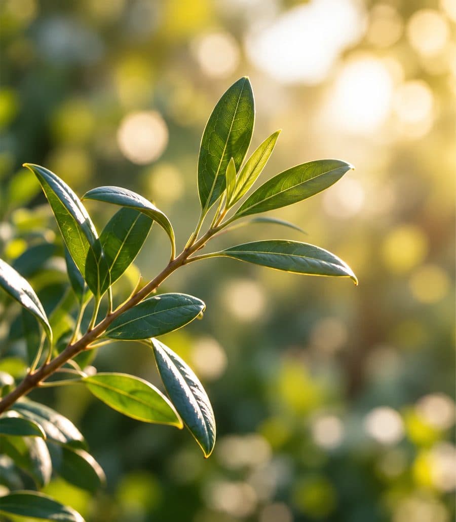Young leaves on a branch, lit from behind
