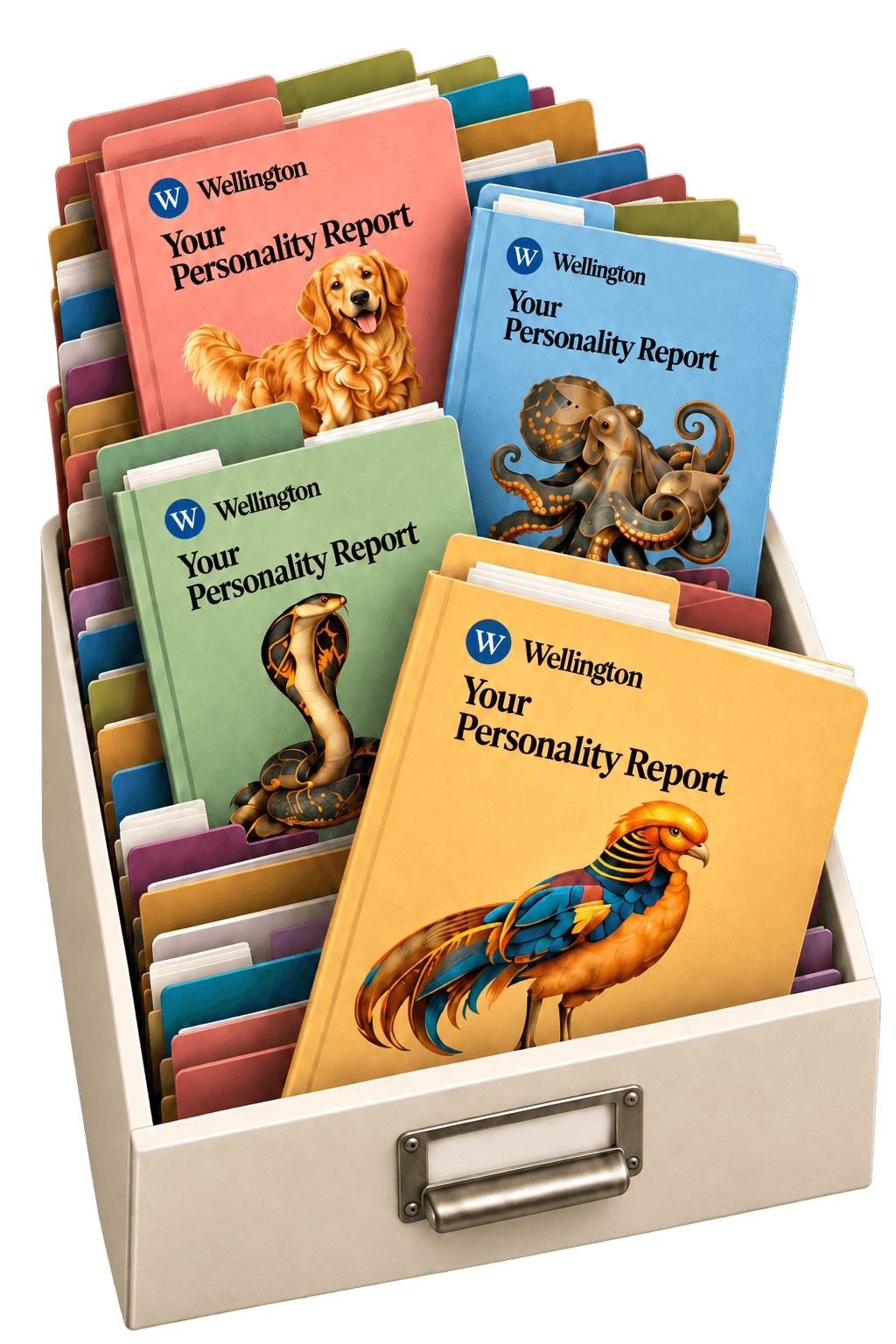 A drawer of Wellington personality reports, each with an animal on the cover
