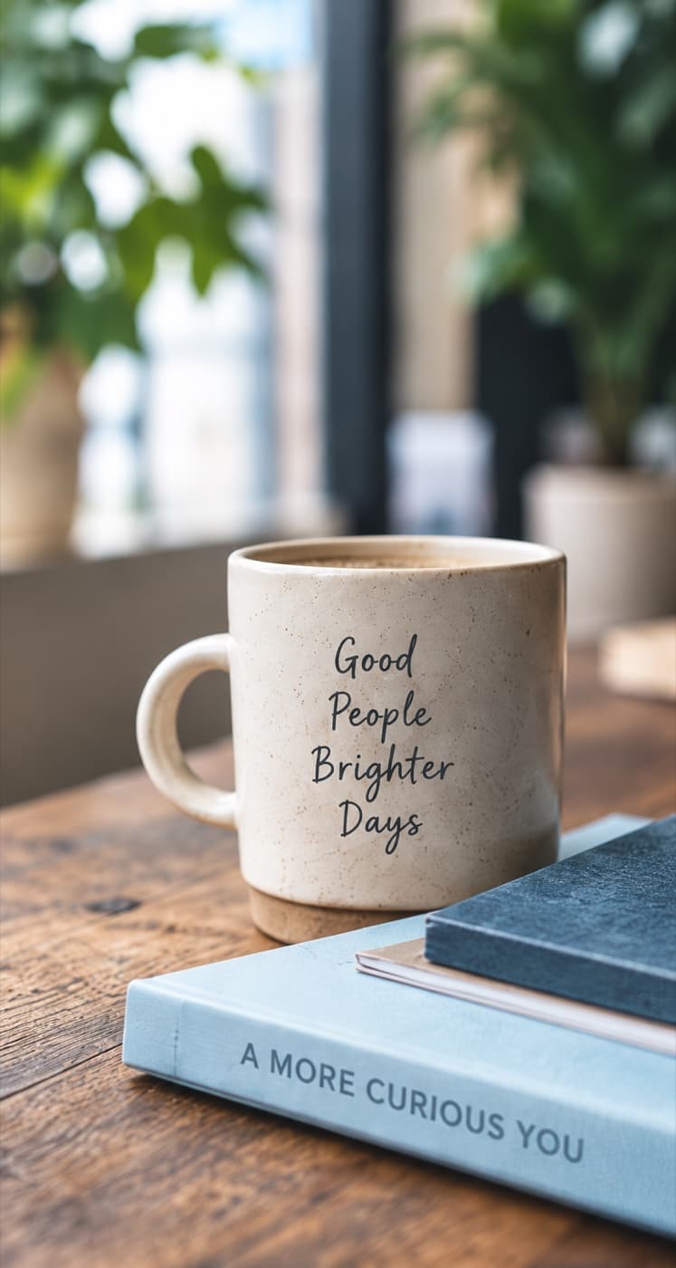 A mug reading Good People, Brighter Days beside a book titled A More Curious You